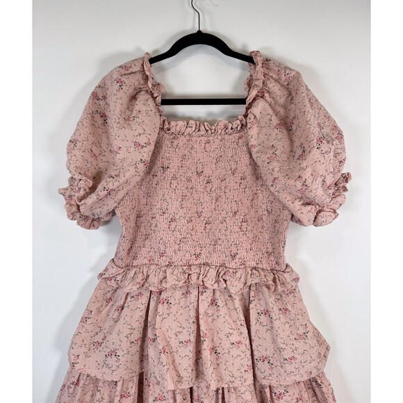 Hyacinth House Womens Dress Beige Mini Floral Smocked Ruffle Puffed A Line Large - Picture 10 of 12